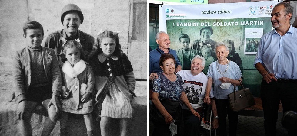 A sinistra Martin Adler con Bruno, Mafalda e Giuliana Naldi nel 1945, a destra il ricongiungimento (foto Matteo Incerti) A sinistra Martin Adler con Bruno, Mafalda e Giuliana Naldi nel 1945, a destra il ricongiungimento (foto Matteo Incerti)